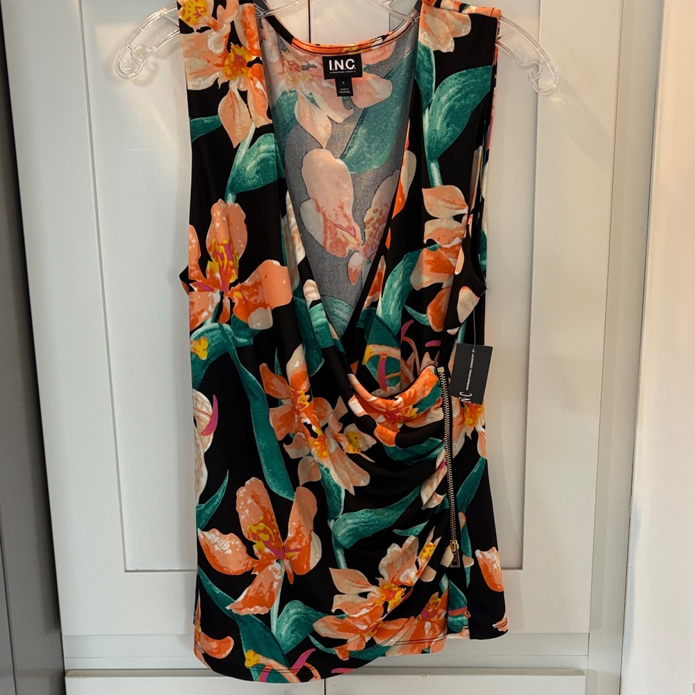 INC International Concepts Black Floral Draped Sleeveless Top